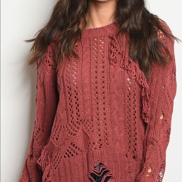 BRICK RUST DISTRESSED CABLE KNIT SWEATER - Picture 3 of 7